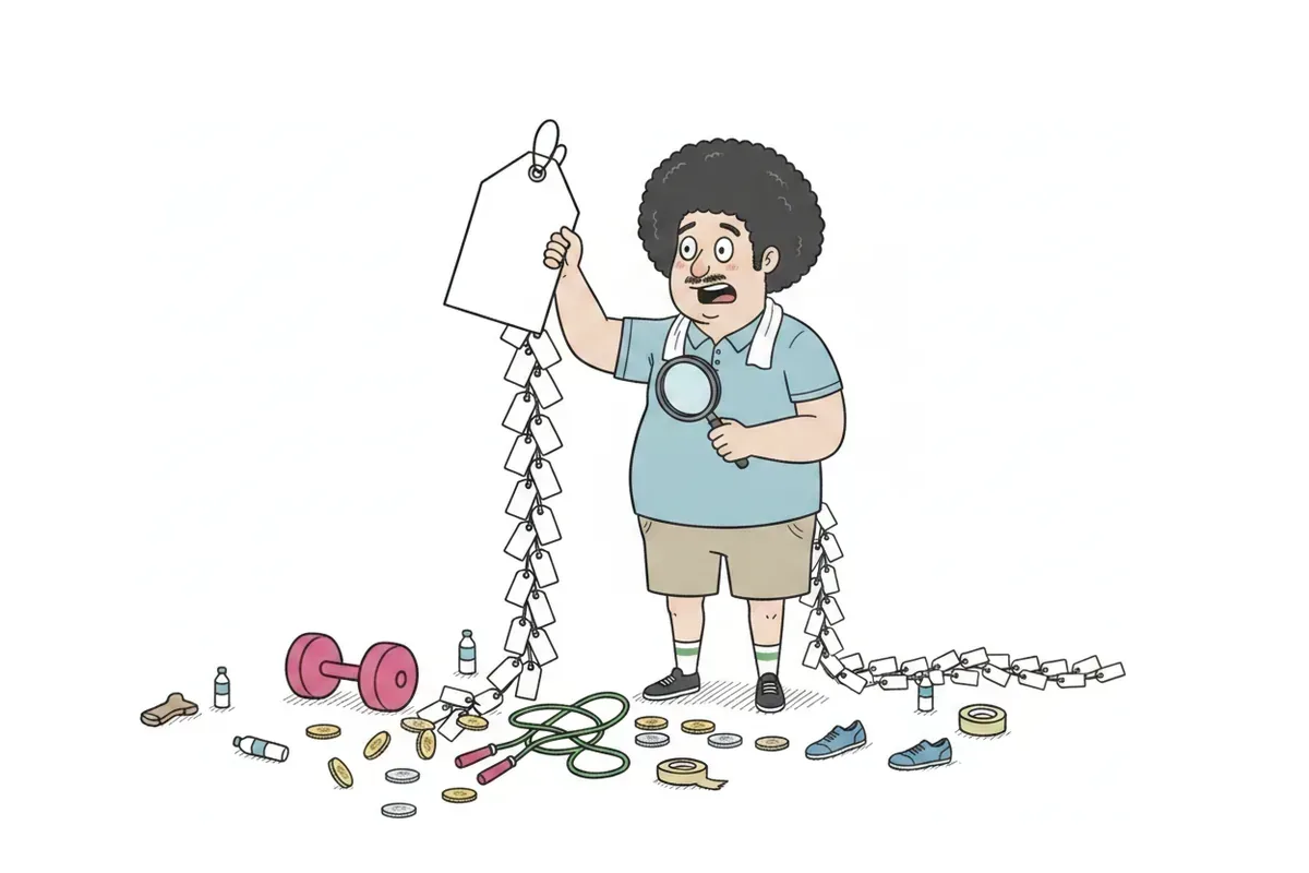 大きな値札の裏に、小さな値札が鎖のように床まで連なっているイラスト