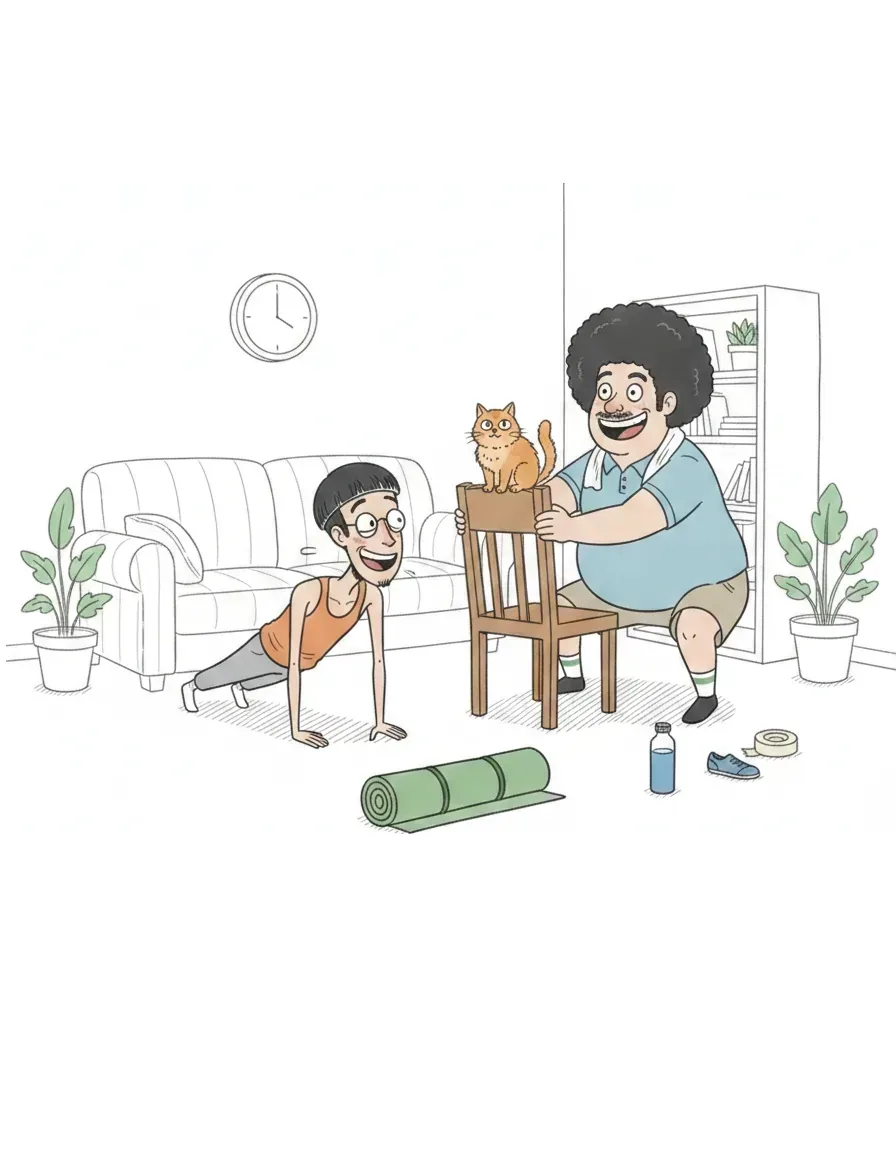 丸眼鏡の男性と天然パーマの男性が、家の床で筋トレを始めているイラスト