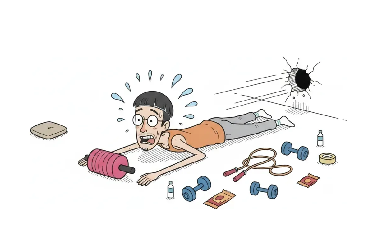 立ったまま腹筋ローラーを転がしすぎて、床に伸びたまま動けなくなっているイラスト