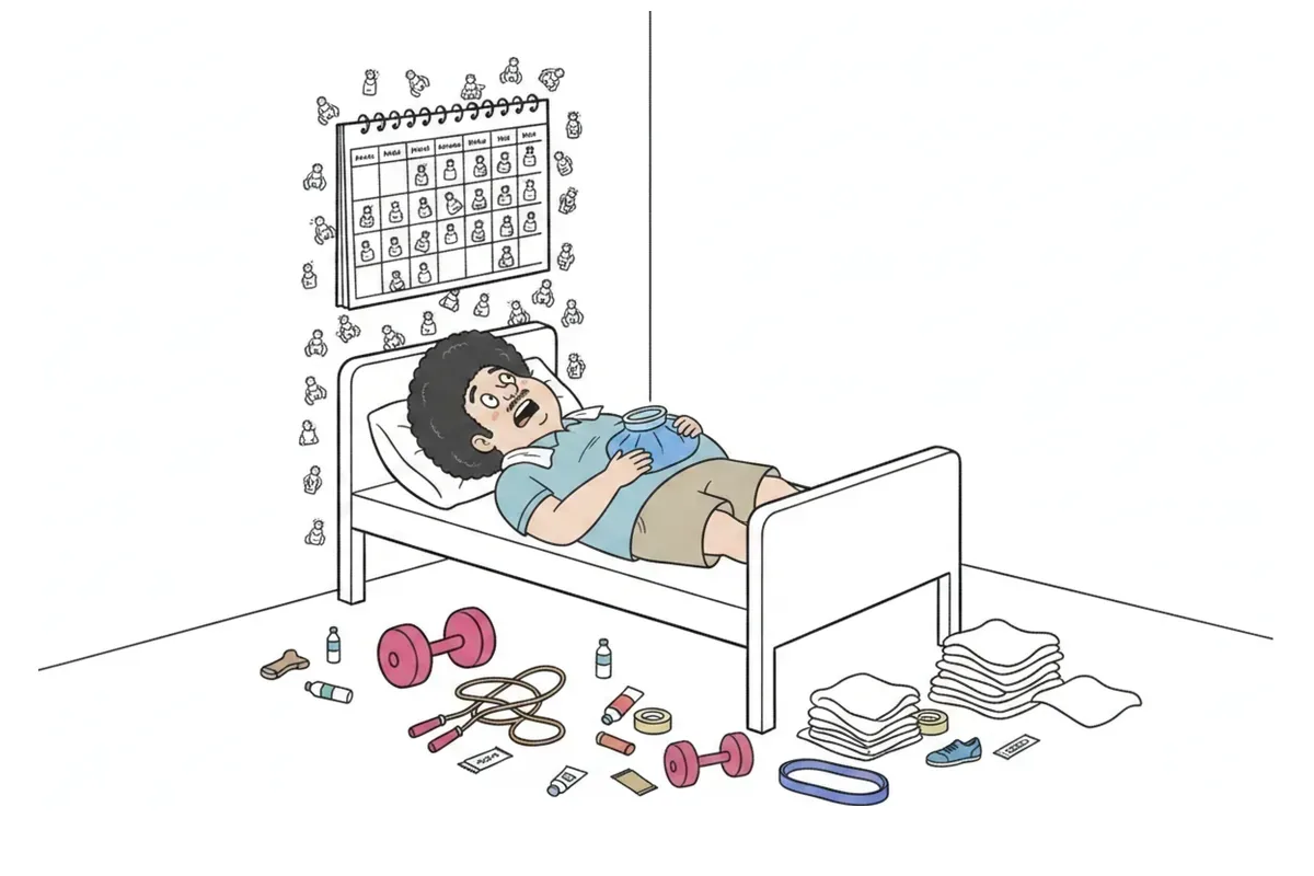 毎日すべてに腹筋の印がついた壁のカレンダーが、枠からあふれているイラスト