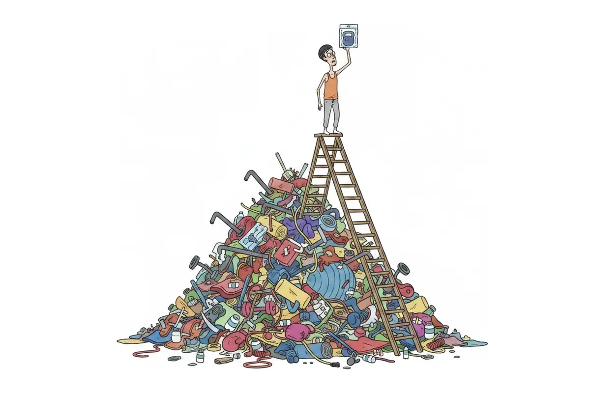 壊れた安物のトレーニング器具が天井まで積み上がっているイラスト