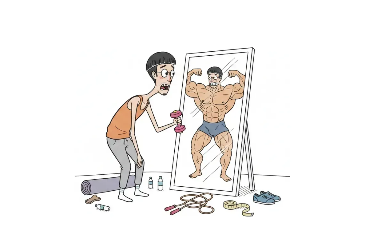 軽いダンベルを持って鏡を見たら、鏡の中だけ極端に筋肉質になっているイラスト
