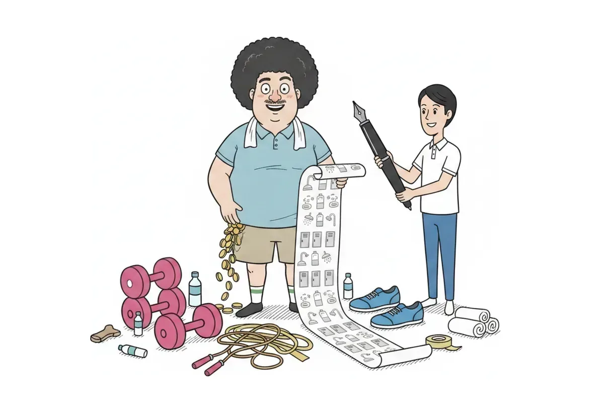 ジムの受付で、床の外まで延々と伸びる長い契約書を広げているイラスト