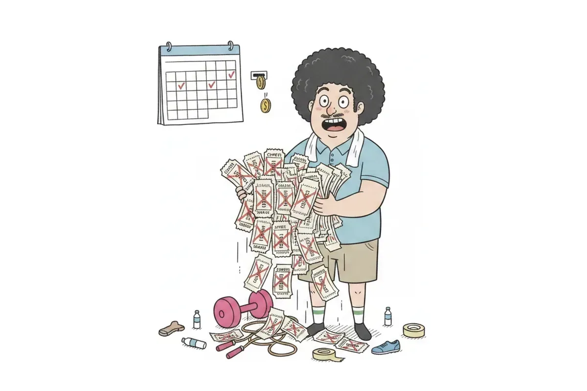 使わないまま期限切れになったジムの回数券を、扇のように広げているイラスト