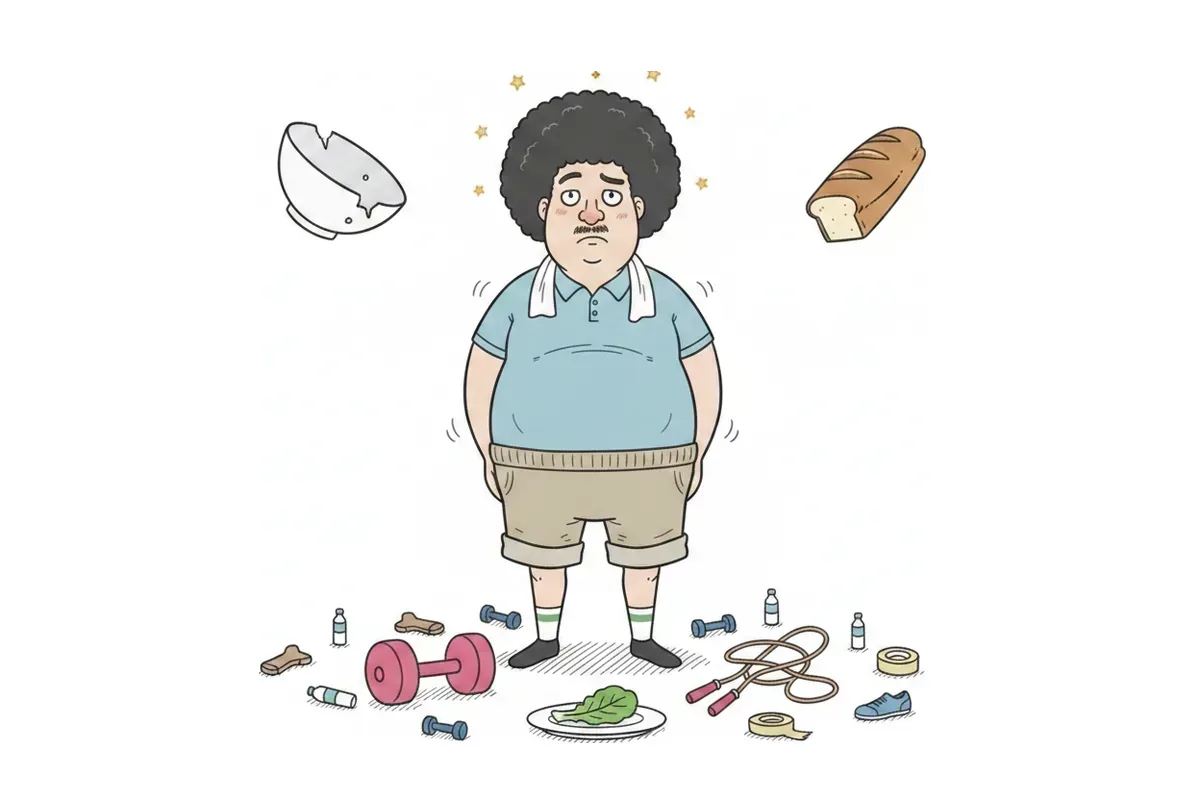 ご飯とパンを取り上げられ、目の前の皿がほとんど空になっているイラスト
