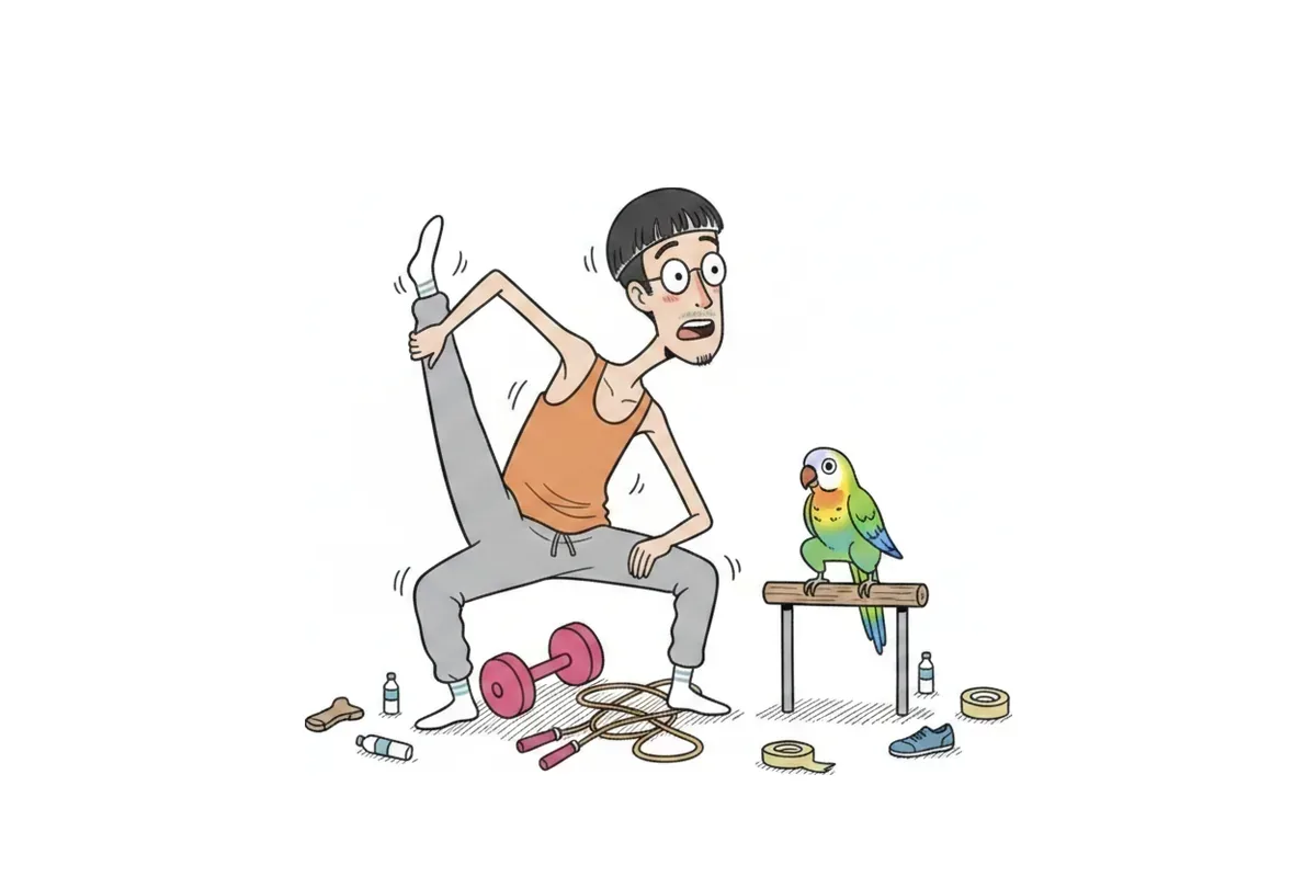 ねじれた姿勢でスクワットをし、膝が左右別々の向きを向いているイラスト