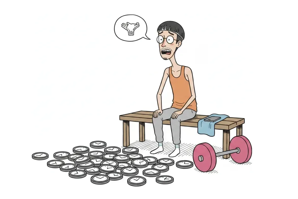 時計が1つも無いベンチで息を切らし、周りに時計が浮かんでいるイラスト
