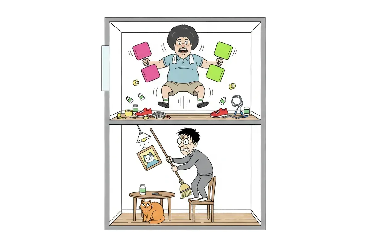 上下2階の断面図。上の部屋で跳び、下の部屋の住人が天井を見上げているイラスト
