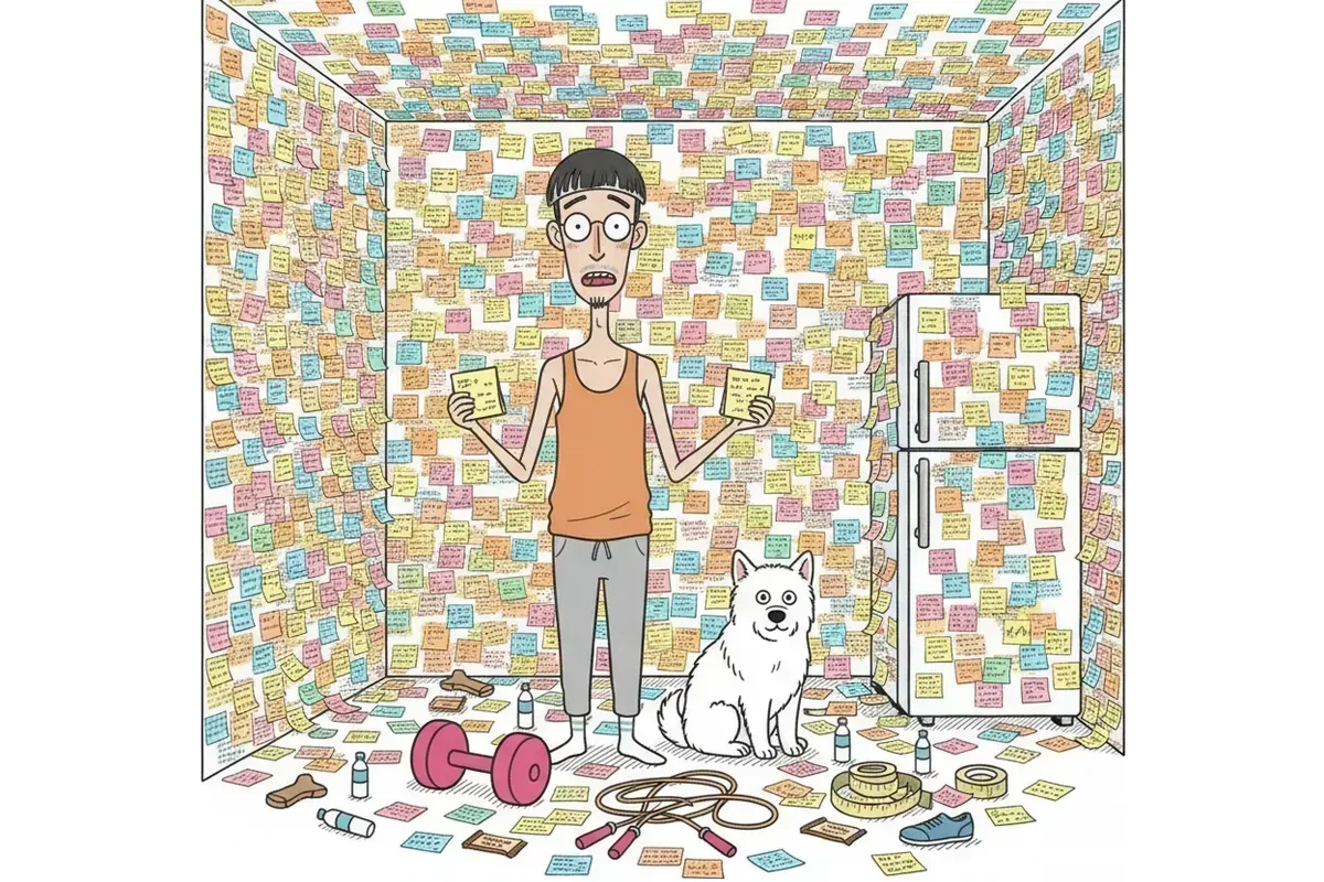 部屋じゅうの壁と天井と冷蔵庫が、走り書きの付箋で埋め尽くされているイラスト