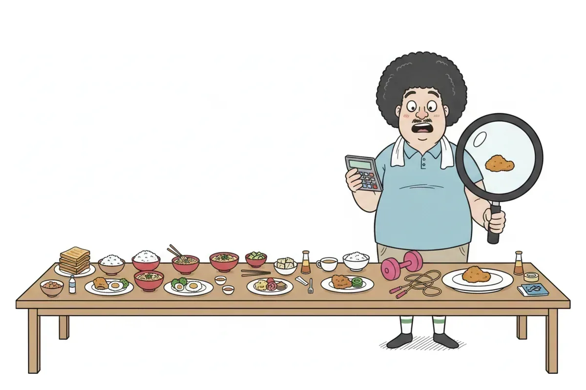1日分の食事が並ぶ食卓の端に、大きな皿の上の小さな唐揚げが1個だけあるイラスト