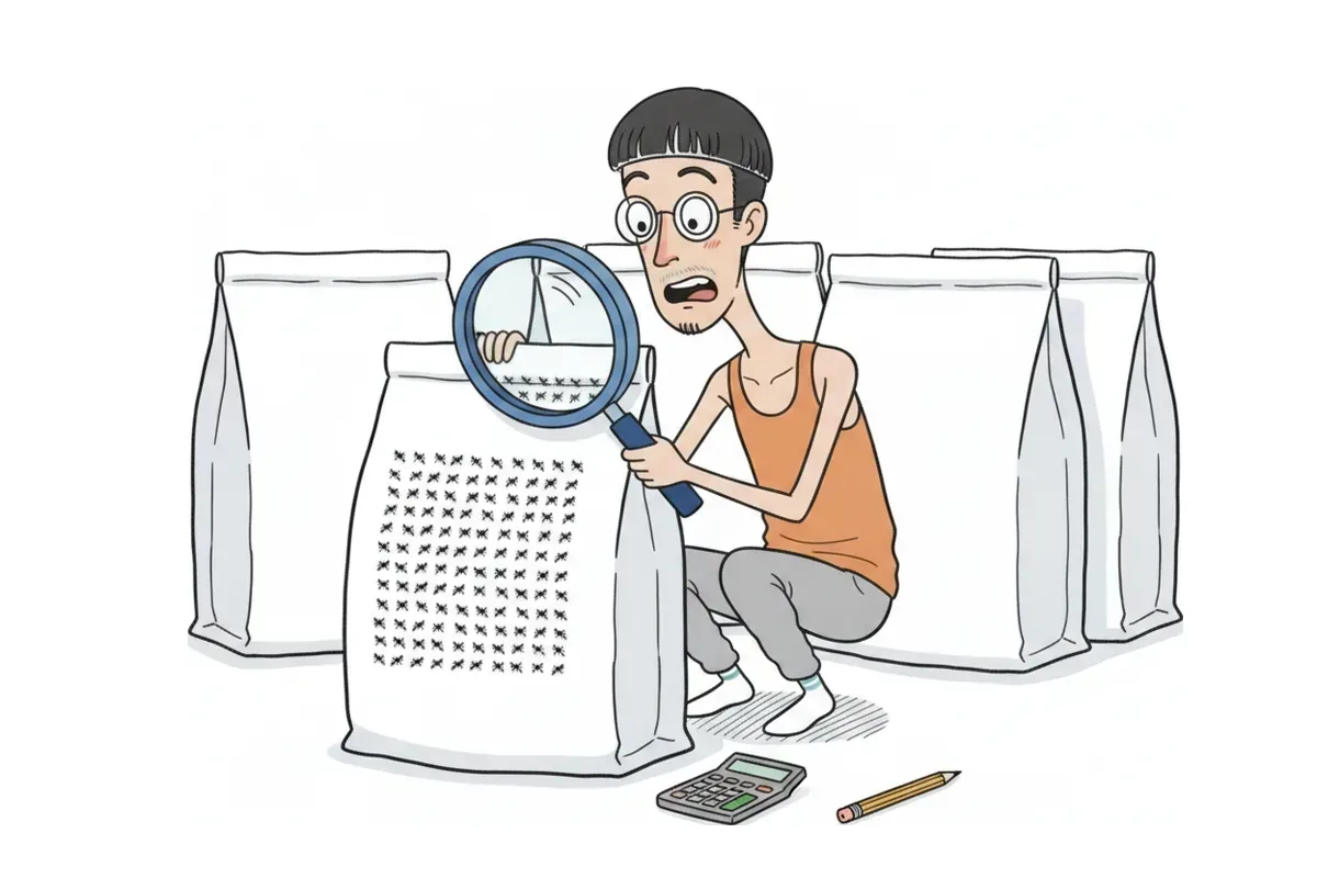 巨大な虫眼鏡で、プロテインの袋の裏の細かい表示を読んでいるイラスト