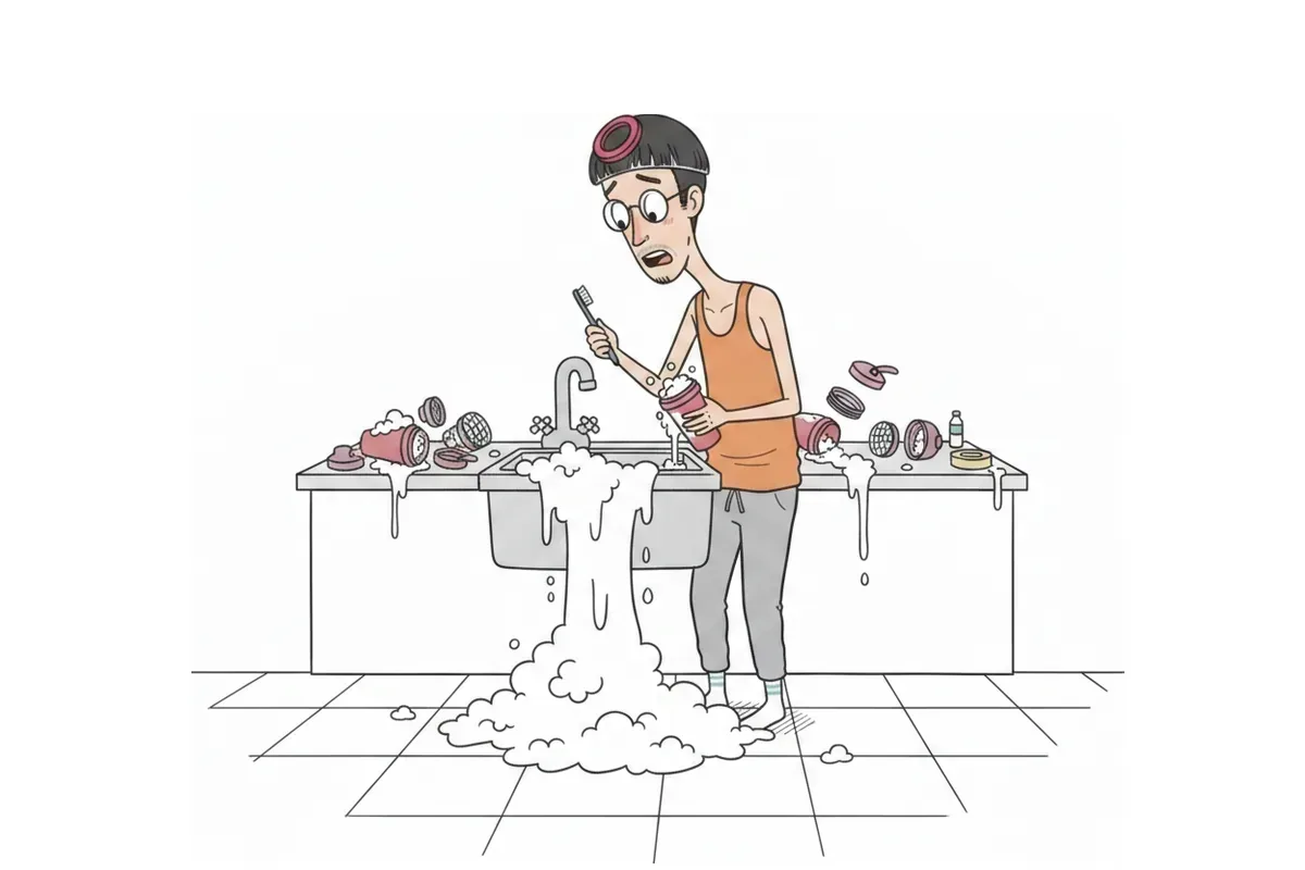 複雑な形のシェイカーの内側を、歯ブラシと綿棒で必死にこすっているイラスト