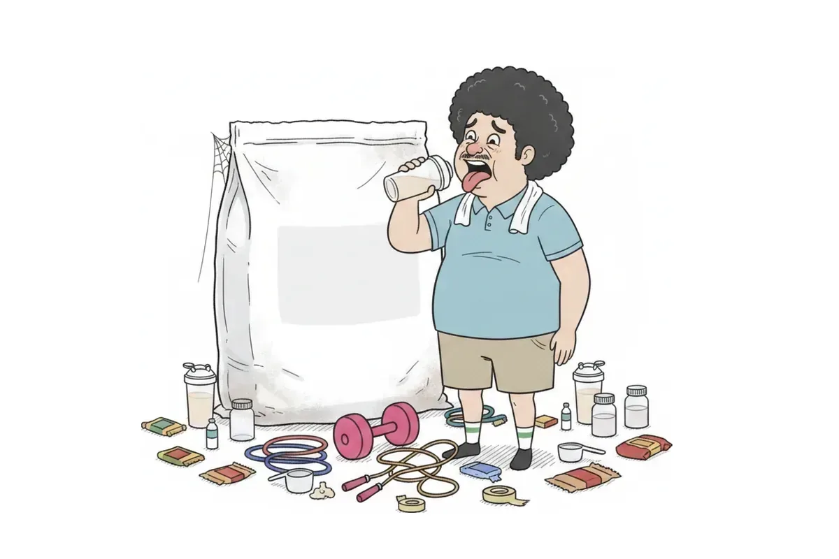 シェイカーを一口飲んで顔をゆがめ、後ろに大量の袋が並んでいるイラスト