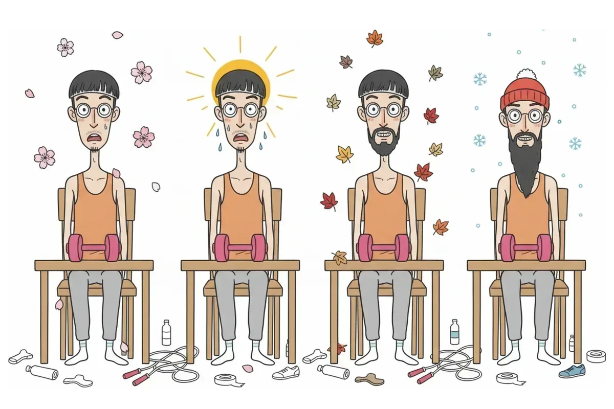 同じ椅子に座ったまま、桜・夏・紅葉・雪と四季が過ぎていくイラスト