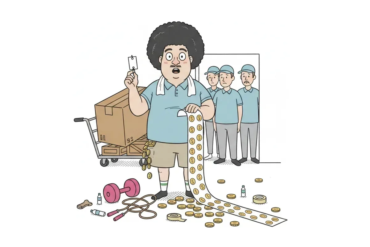 小さな値札を片手に、床まで伸びる長い送料の明細をもう片方で持っているイラスト