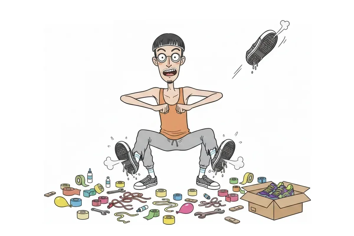 底の剥がれた履き古したスニーカーでスクワットをし、底が飛んでいくイラスト