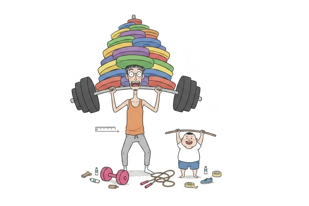 大きなバーベルを数センチしか動かさず、その幅を定規で測っているイラスト