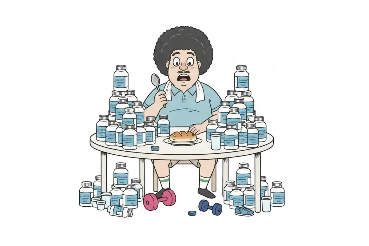 同じサプリの瓶が食卓を埋め尽くし、真ん中に小さな弁当が1つあるイラスト