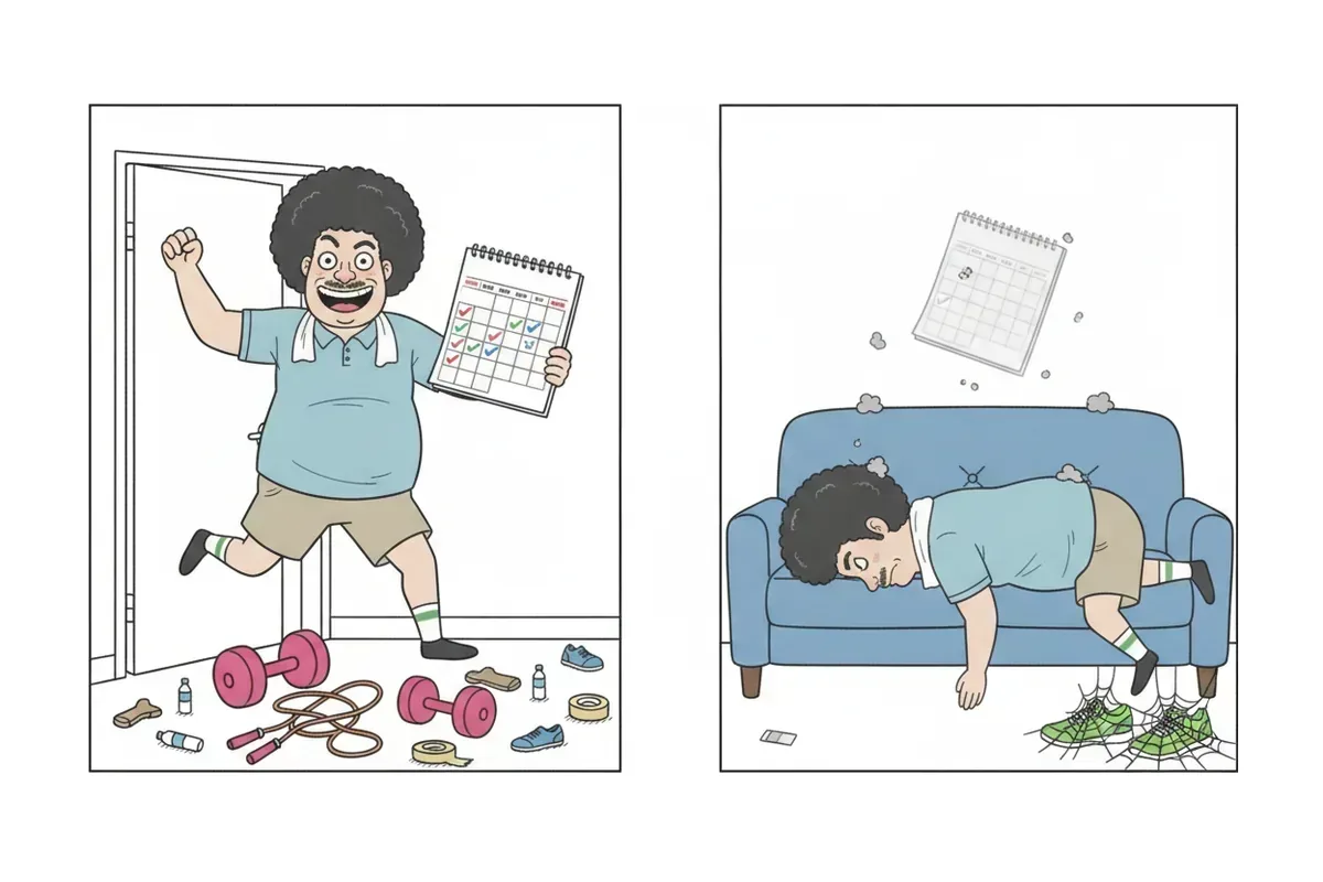 左は週5回の予定表で意気込む姿、右は2週間後に倒れている姿のイラスト
