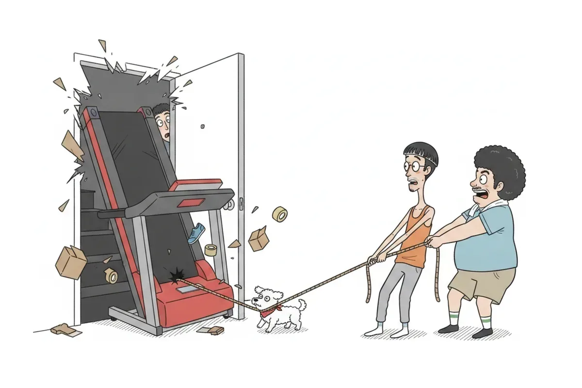 大きすぎるランニングマシンが玄関に斜めに挟まり、ドア枠を押し広げているイラスト