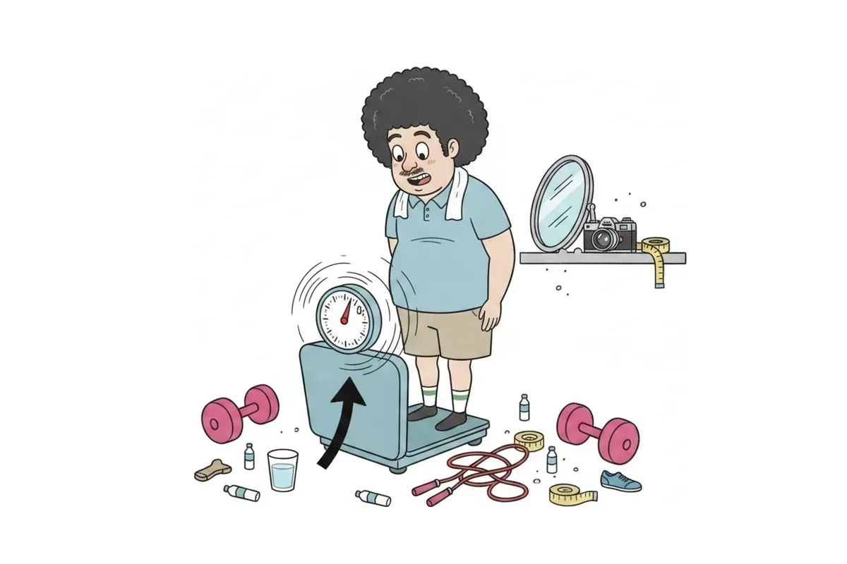 体重計の数字だけをのぞき込み、針が激しく振れているイラスト
