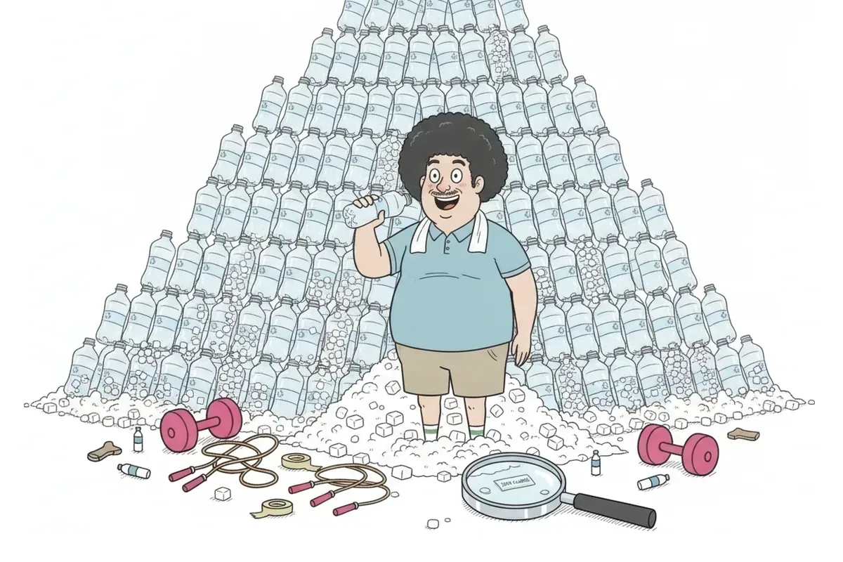無糖表示の飲料のピラミッドの陰で、角砂糖が静かに積み上がっているイラスト