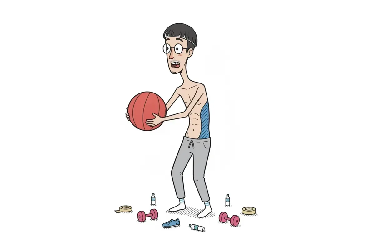 痩せた男性が体をひねり、脇腹を斜めに走る筋肉に色がついているイラスト