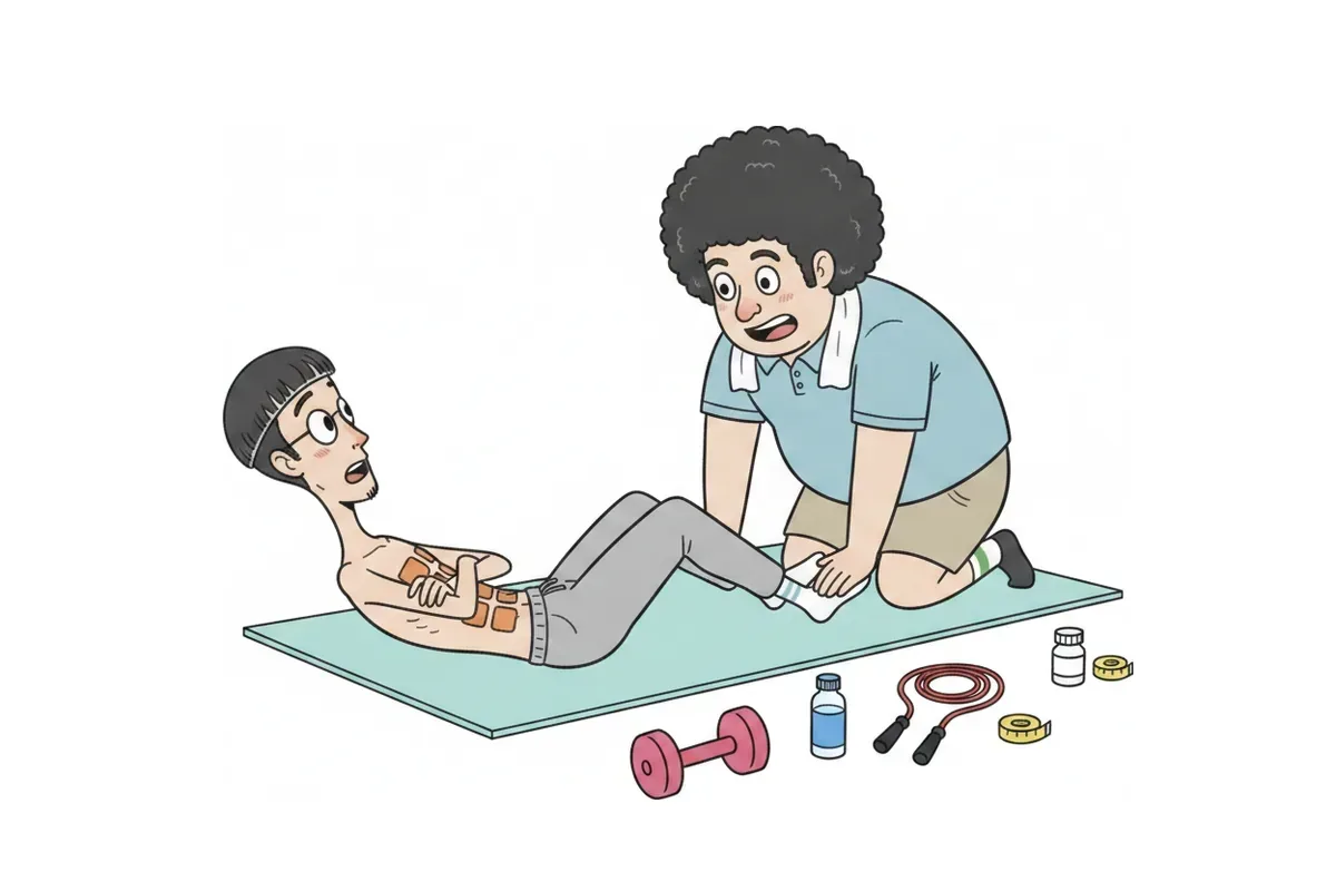 痩せた男性がマットで腹筋運動をし、腹の中央に6つに分かれた筋肉の色がついているイラスト