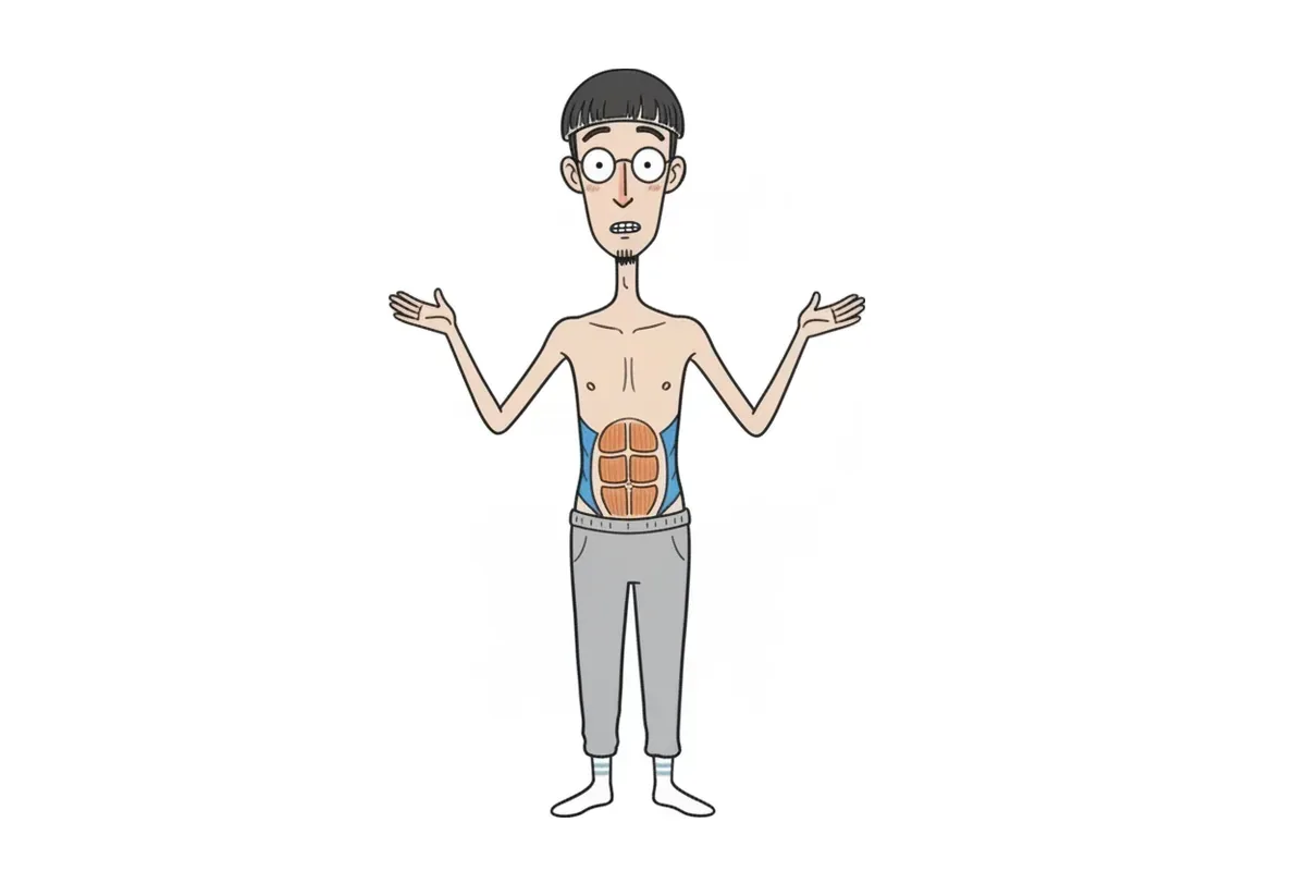 痩せた男性が正面を向いて立ち、腹の中央に6つに分かれた筋肉、脇腹に細長い筋肉の色がついているイラスト