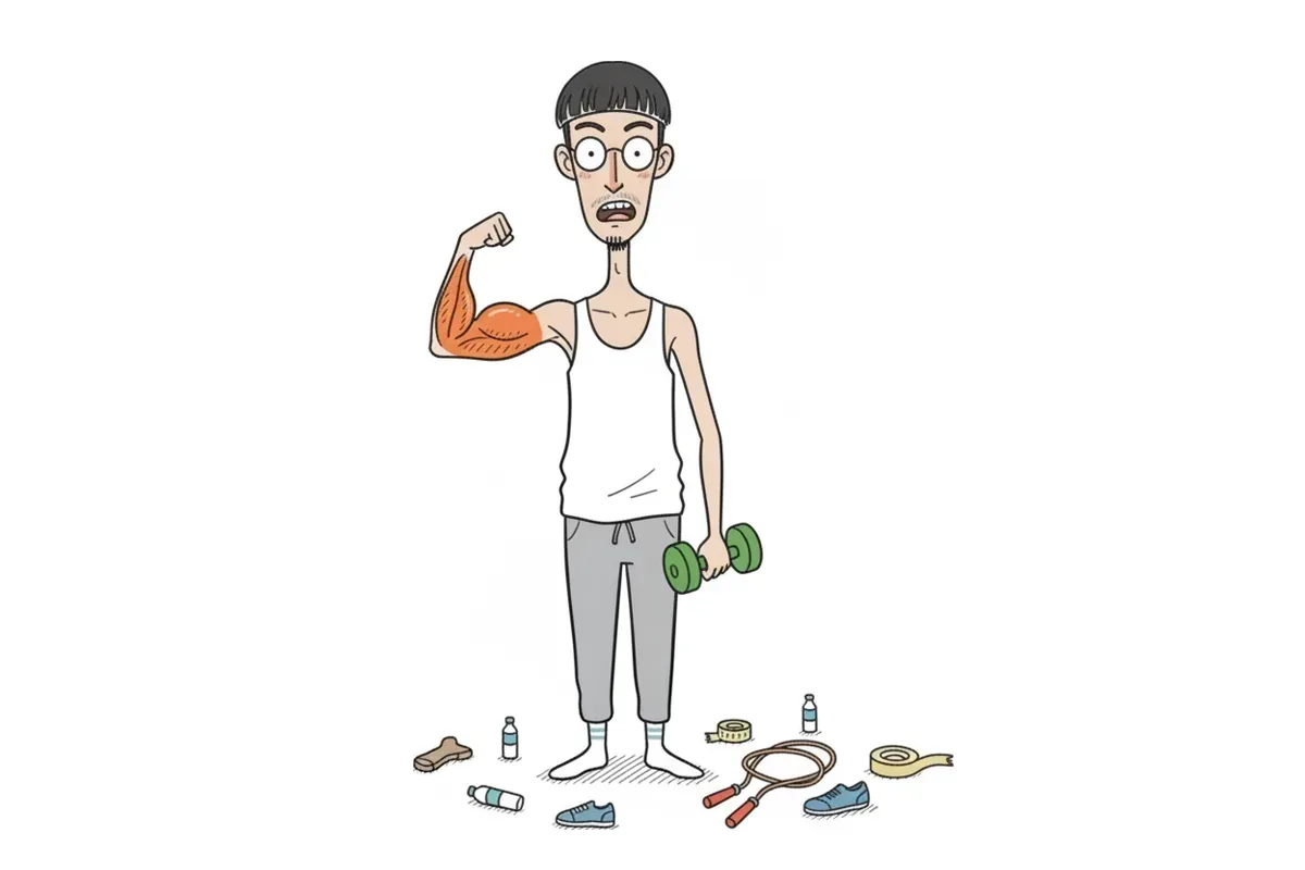 痩せた男性が腕を曲げて力こぶを作り、上腕の前側の筋肉に色がついているイラスト