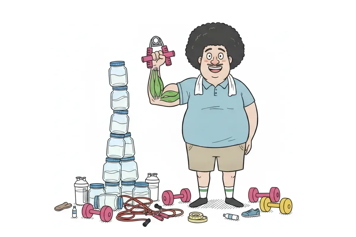 太った男性がハンドグリップを握りつぶし、肘から手首までの筋肉に色がついているイラスト