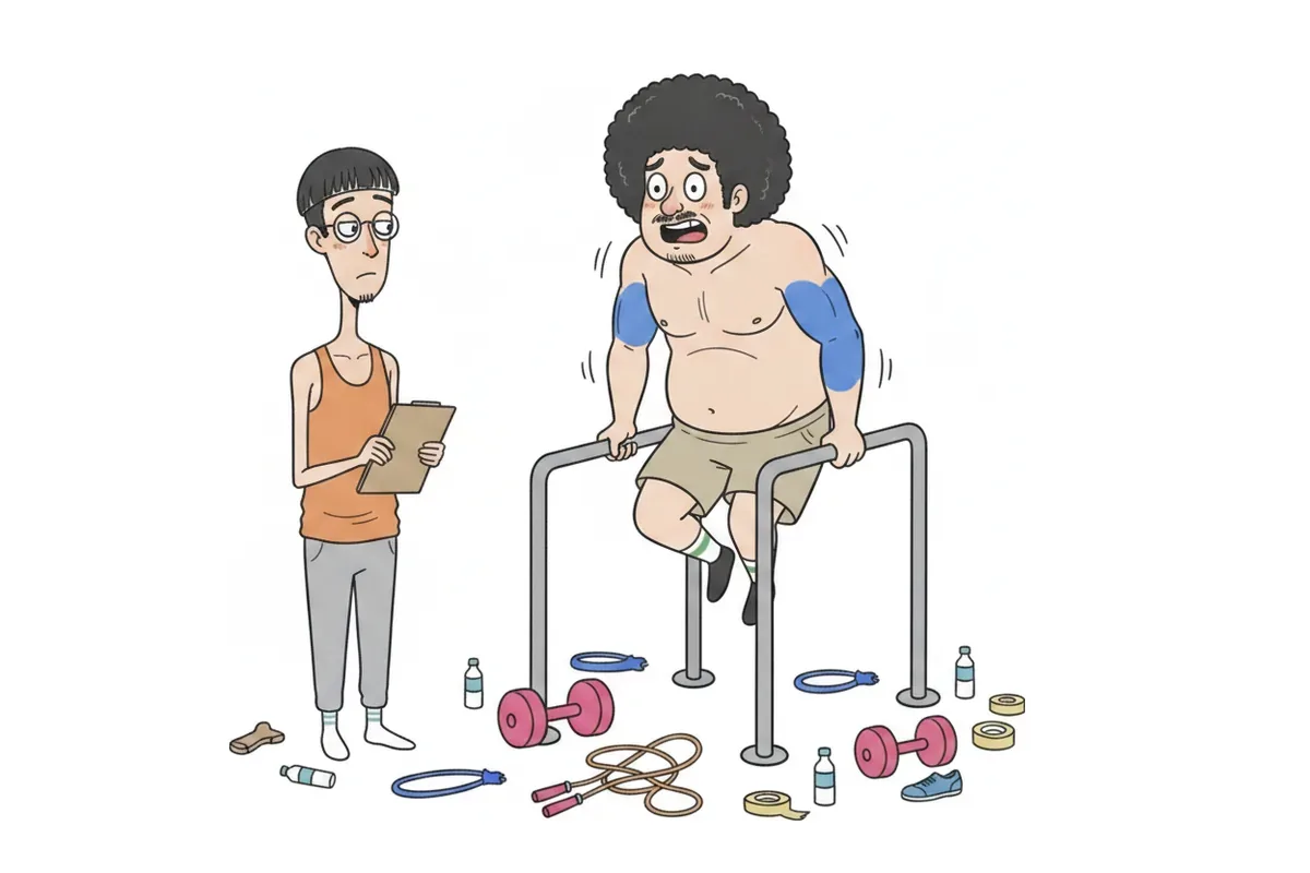 太った男性がディップスをし、二の腕の裏が3つのふくらみに分かれているイラスト