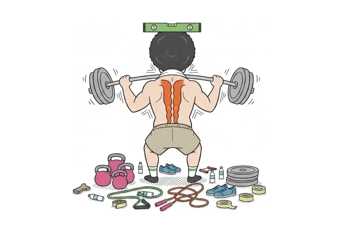 太った男性の背中に、背骨に沿って2本の長い筋肉が縦に走っているイラスト