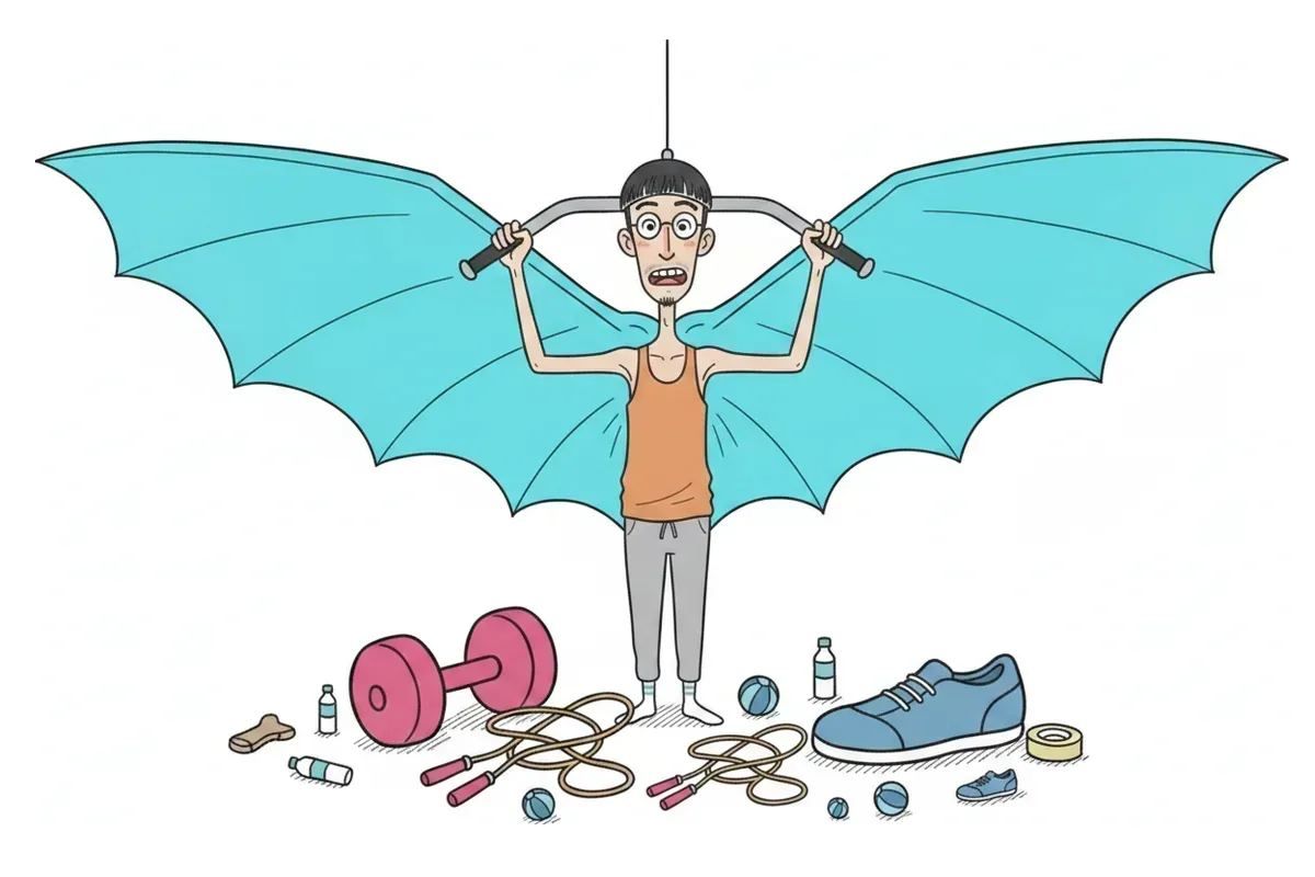 痩せた男性の背中が、こうもりの翼のように左右へ広がっているイラスト