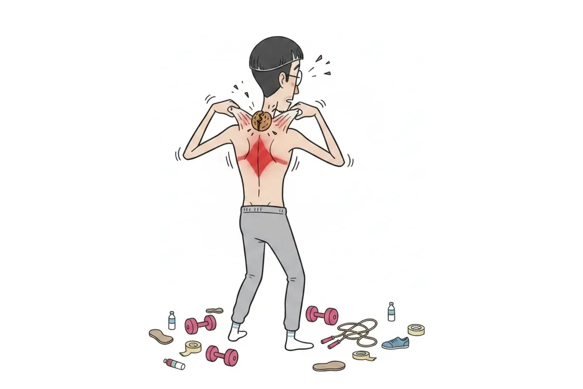 肩甲骨を寄せて、その間に挟んだくるみを割っているイラスト
