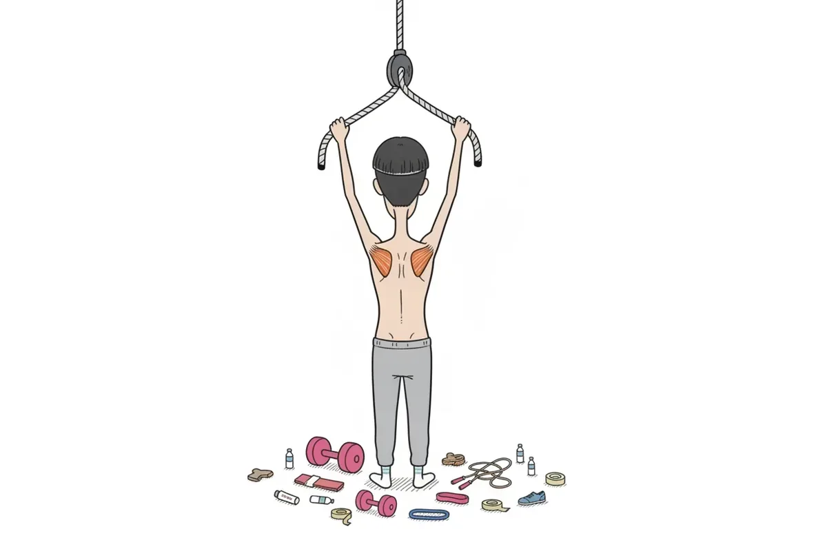 痩せた男性が背中を向けてロープを引き下ろし、両脇の下にある小さな丸い筋肉に色がついているイラスト