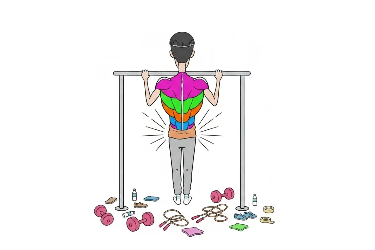 痩せた男性が後ろ姿で懸垂をし、背中の筋肉が層ごとに色分けされたイラスト