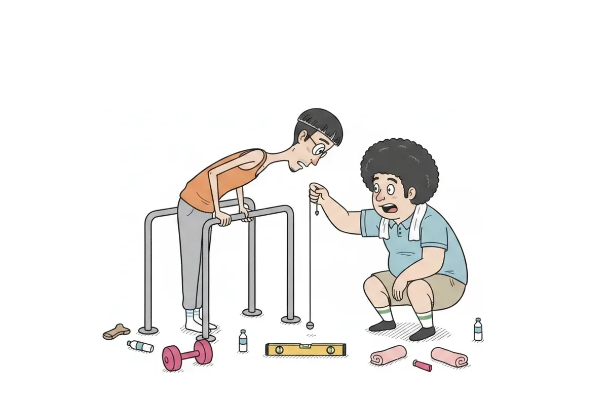痩せた男性が平行棒で上体を前に倒してディップスをし、太った男性が下げ振りの糸で傾きを測っているイラスト