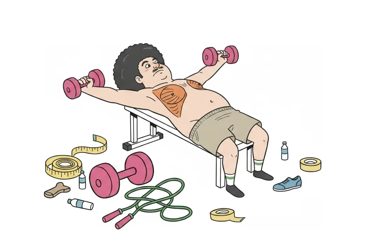 太った男性がベンチでダンベルフライをして、胸の大きな筋肉に色がついているイラスト