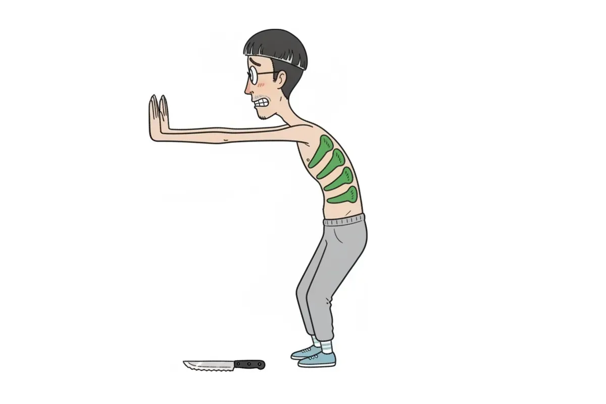 痩せた男性が横向きで壁を押し、あばらの側面にのこぎりの歯のように並んだ筋肉に色がついているイラスト