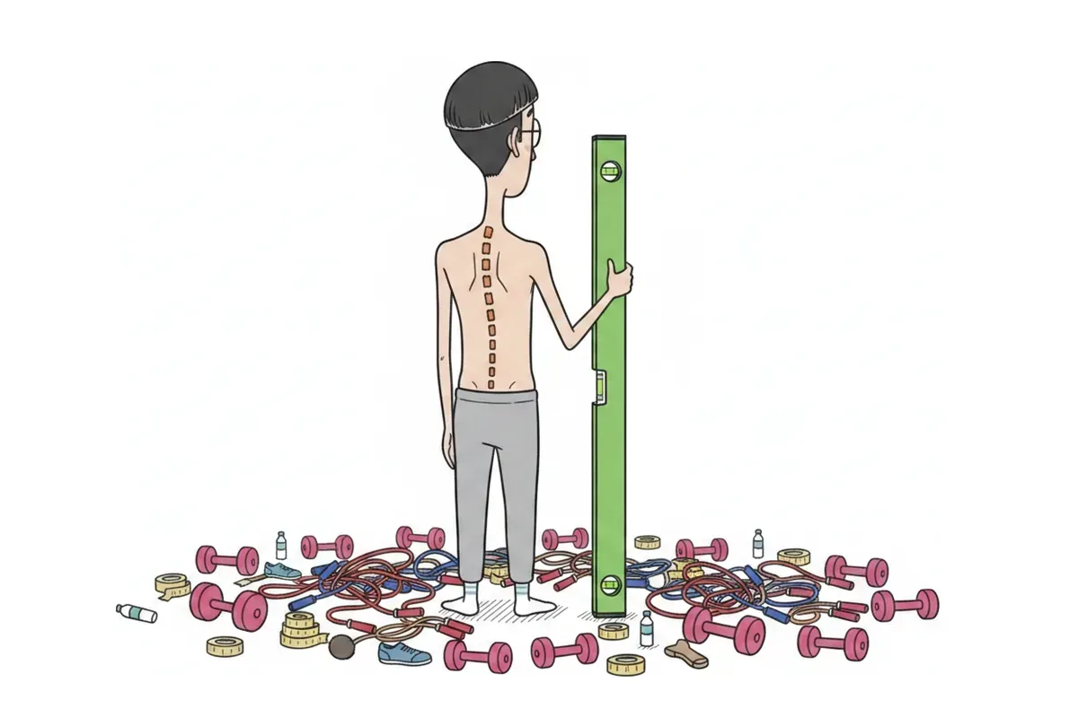 痩せた男性が背中を向けて立ち、背骨の両側に小さな筋肉が縦に並んで色がついているイラスト