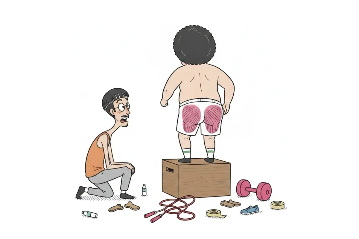 太った男性が背中を向けて台に登り、両方の尻の大きな筋肉に色がついているイラスト