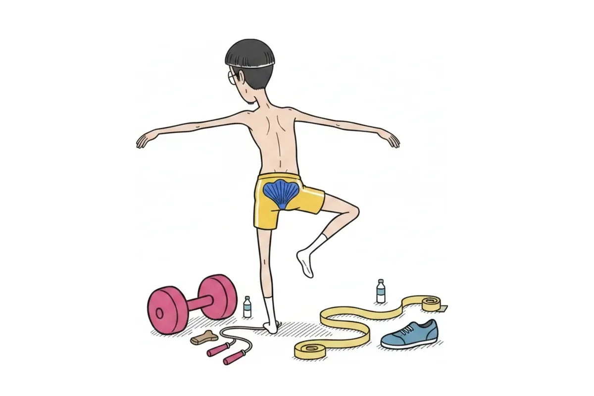 痩せた男性が背中を向けて片足で立ち、腰の外側の上のほうにある扇形の筋肉に色がついているイラスト