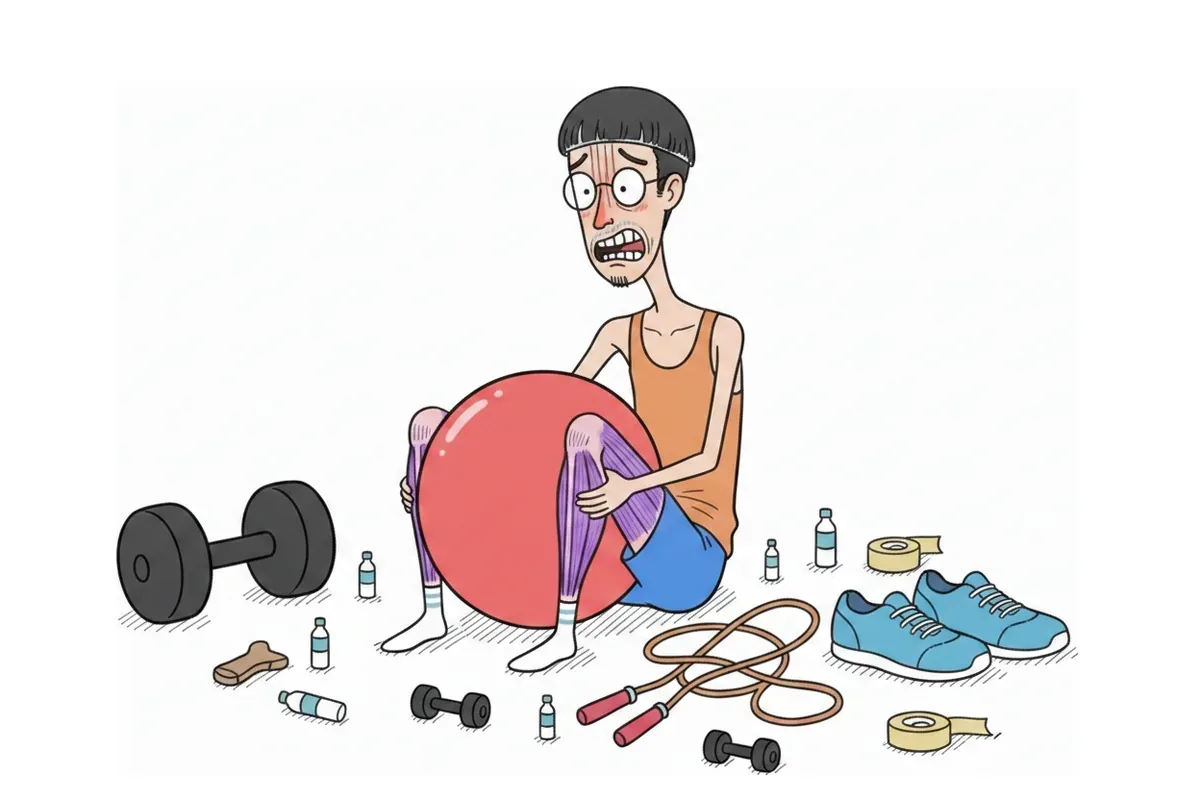 痩せた男性がバランスボールを膝で挟み、両方の内ももの筋肉に色がついているイラスト