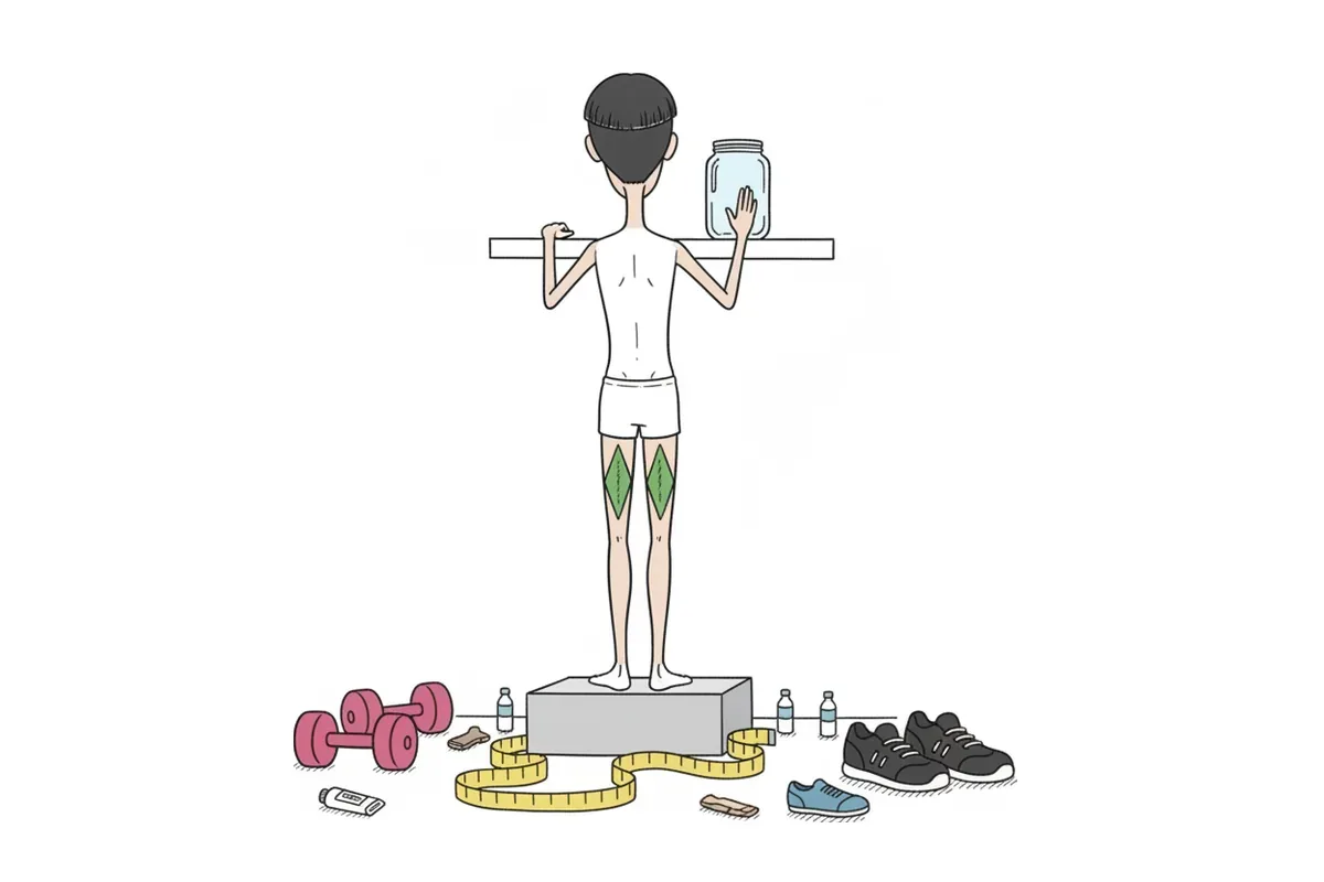 痩せた男性が背中を向けて段の縁でつま先立ちし、両方のふくらはぎの筋肉に色がついているイラスト