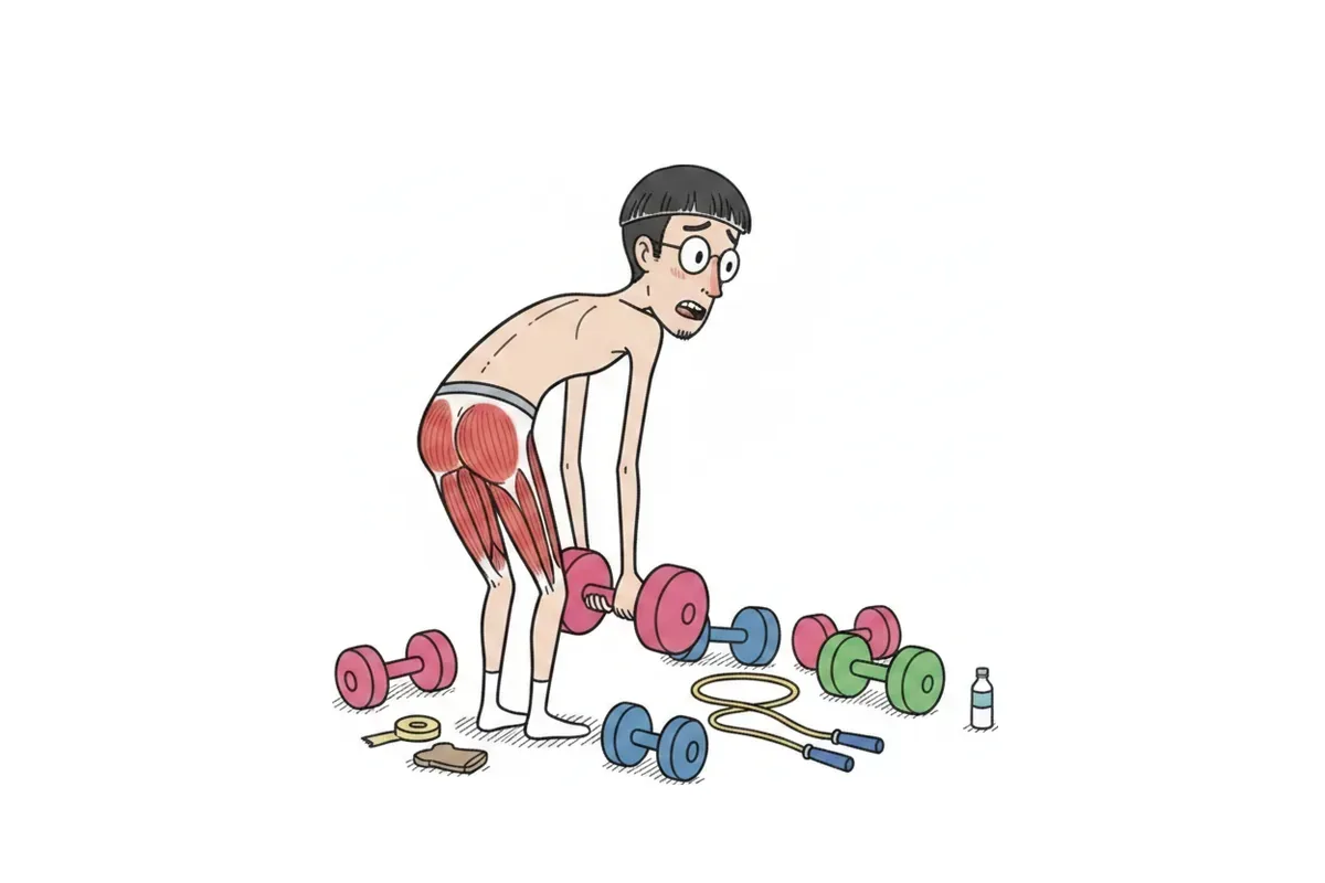 痩せた男性が背中を向けて前かがみになり、両方の太ももの裏の筋肉に色がついているイラスト