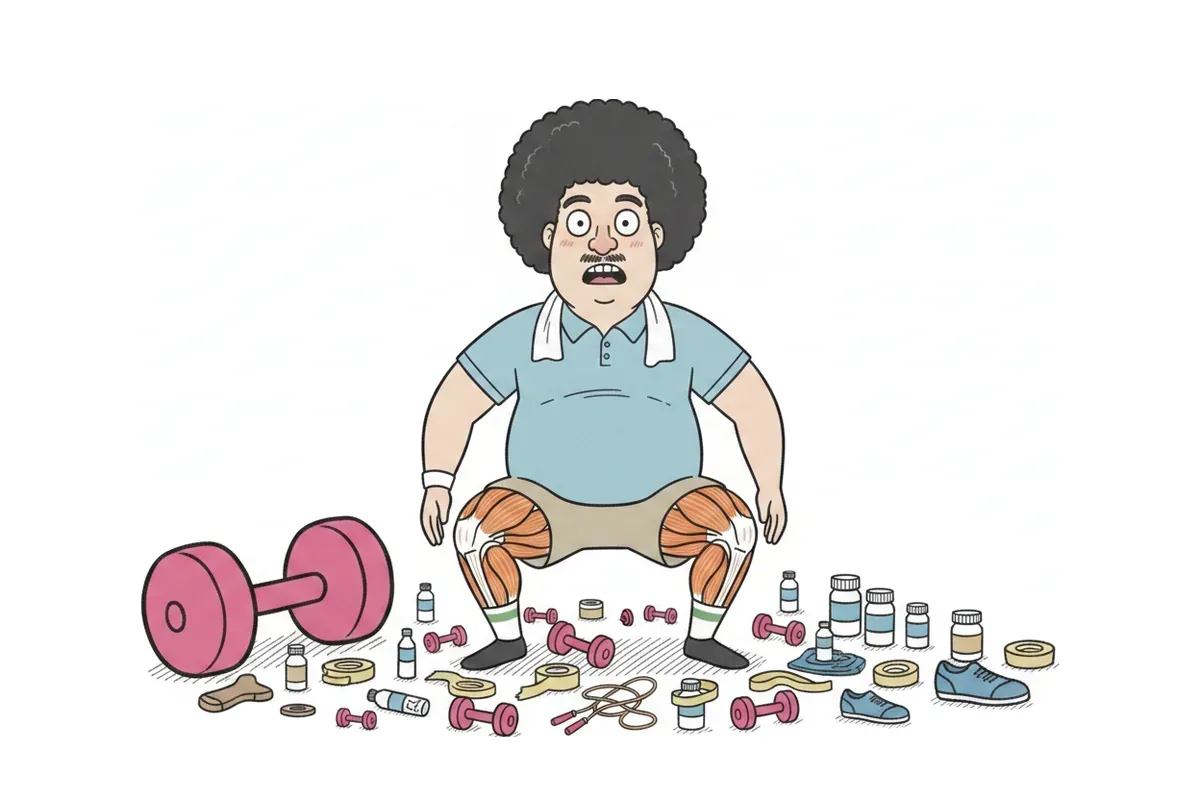 太った男性が深くしゃがみ、両方の太ももの前側の筋肉に色がついているイラスト
