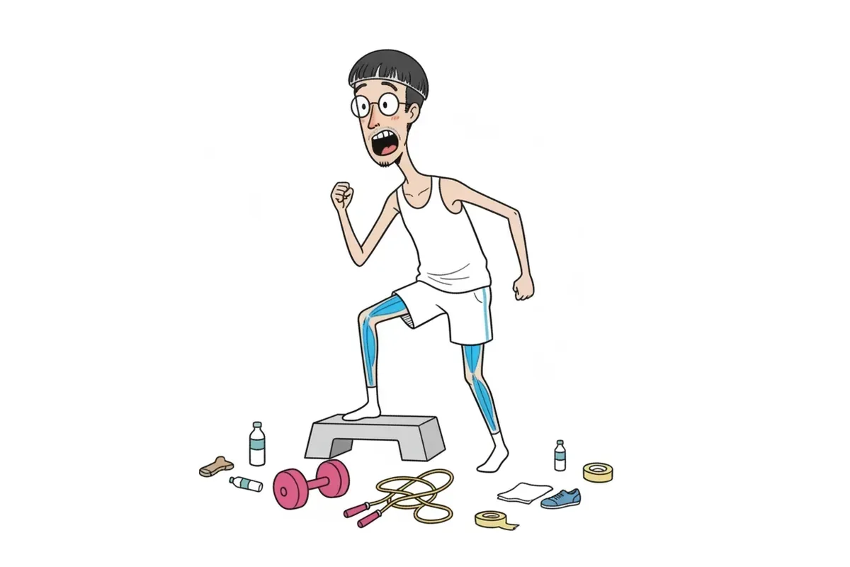 痩せた男性が踏み台に足をかけ、すねの外側を縦に走る筋肉に色がついているイラスト