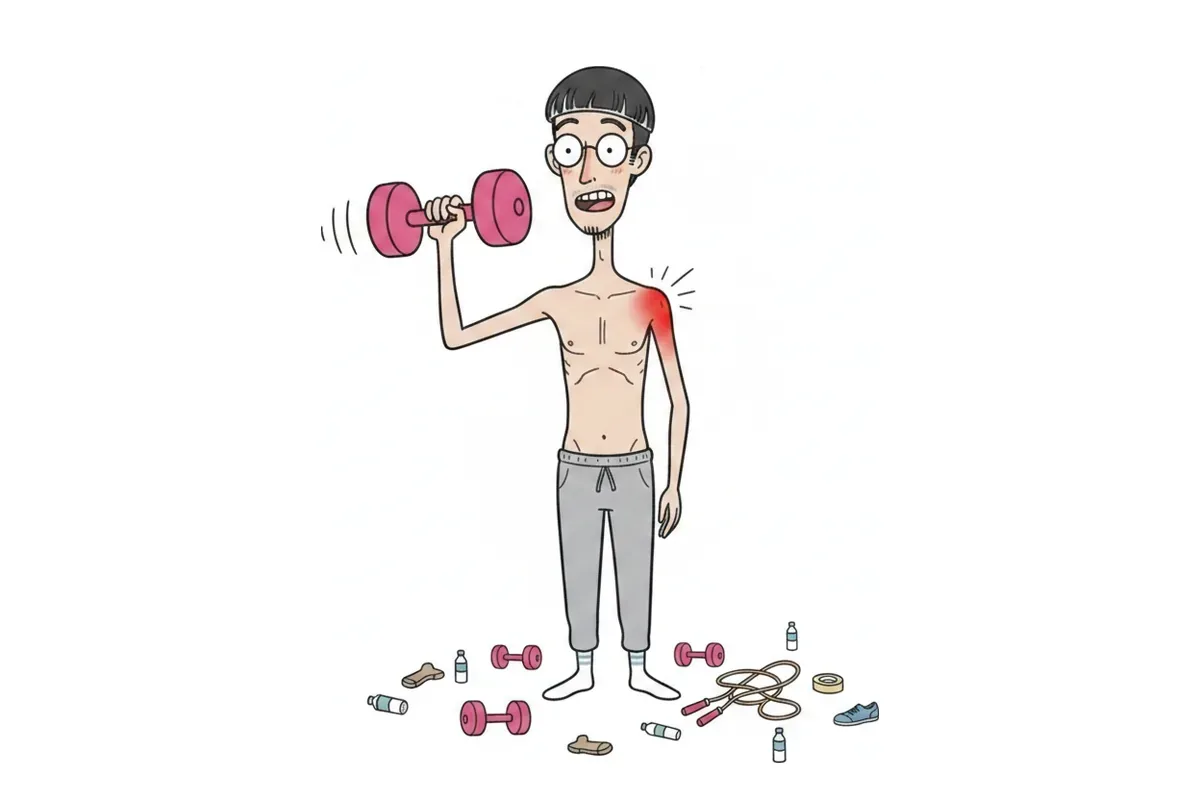 痩せた男性がフロントレイズをし、肩の前だけが色づいているイラスト