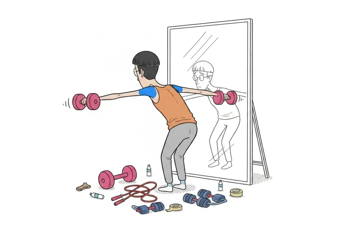 痩せた男性が前傾でリアレイズをし、鏡に映る肩の後ろが色づいたイラスト
